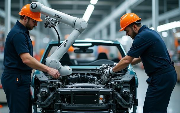 Collaborative robots working on a car assembly line
