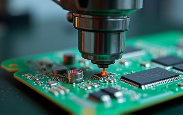 Close-up of robotic arm assembling electronic components