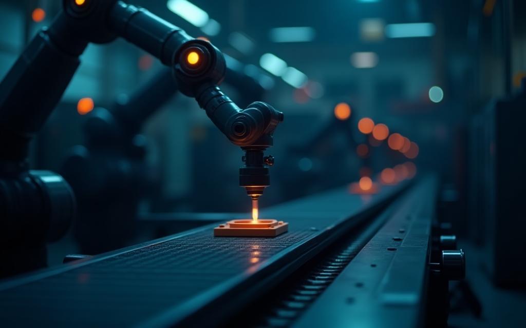 High-tech industrial robotic arm assembling a product