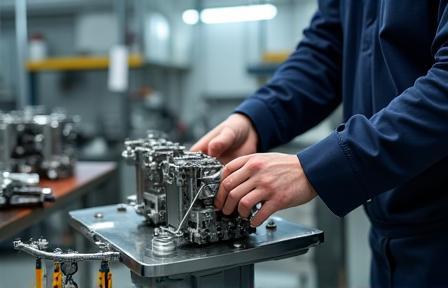 Technician assembling machine parts
