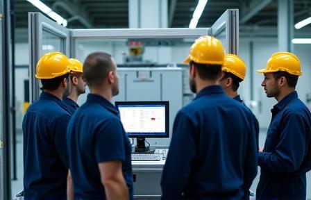 Technician training factory workers on new equipment